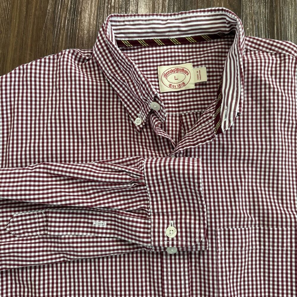 Brooks Brothers Men's L Red Checked Gingham Button Down LS Shirt Casual Preppy